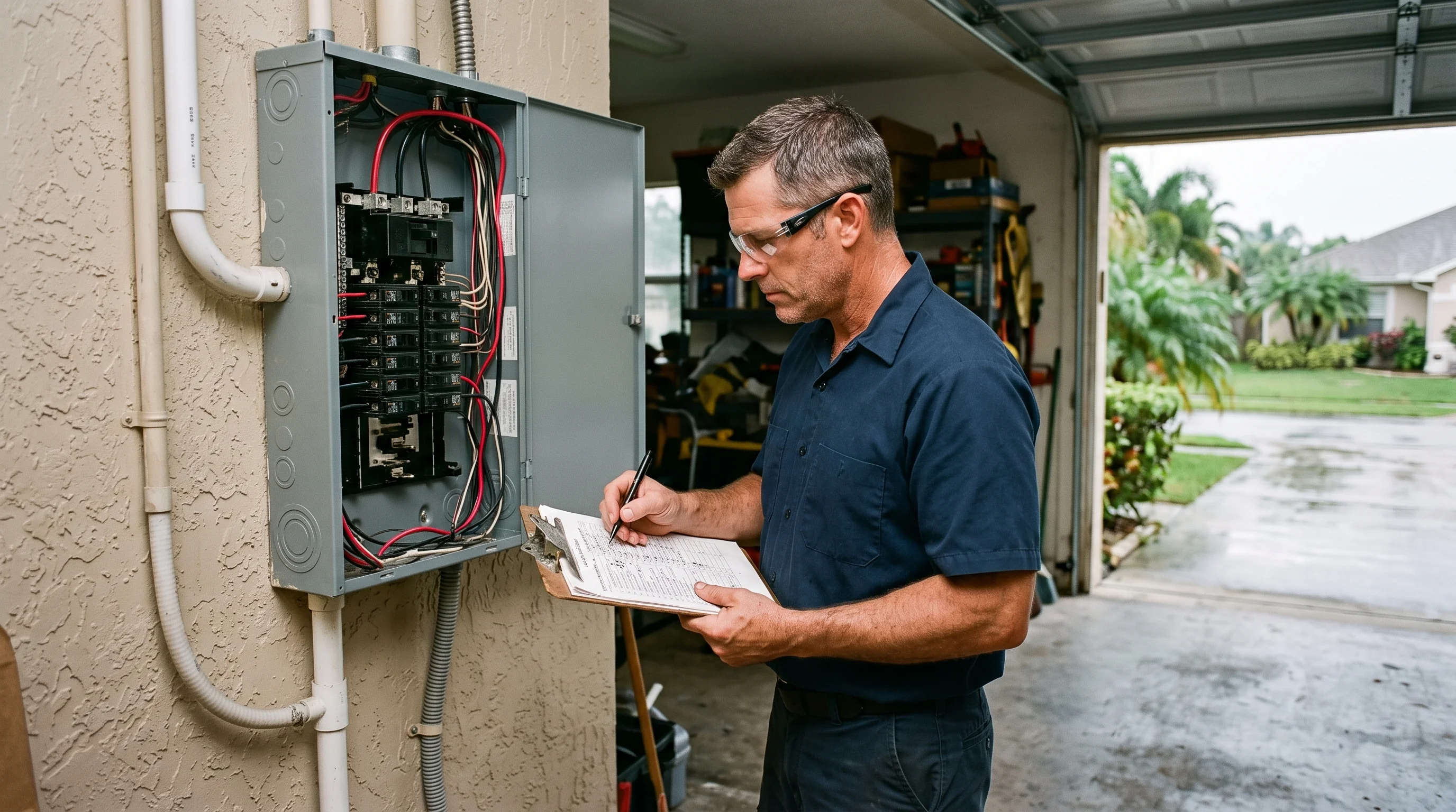 Inspector reviewing a Florida 4-point inspection checklist next to an electrical panel in a Broward County home