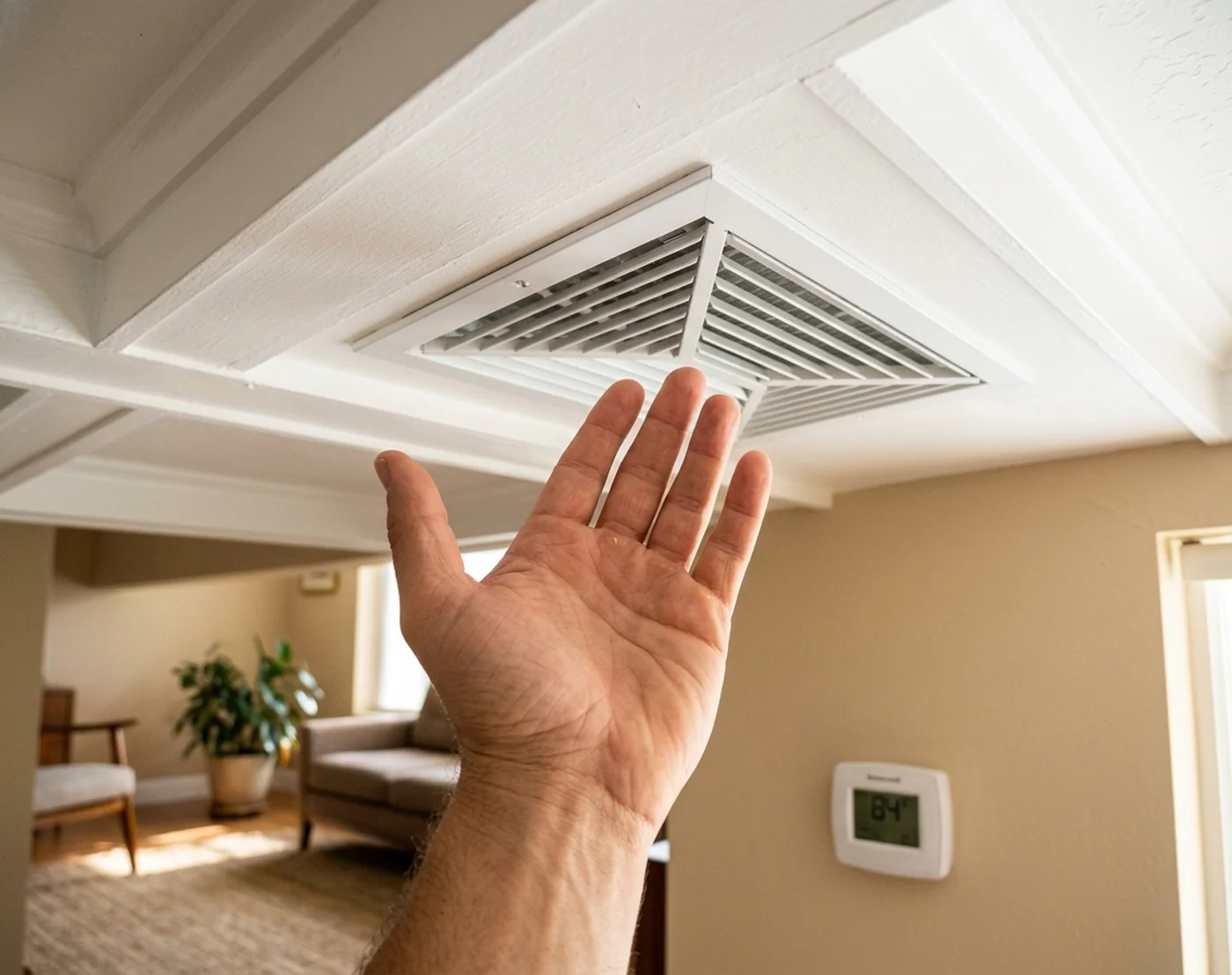 Hand testing warm air at a ceiling vent in a Florida home