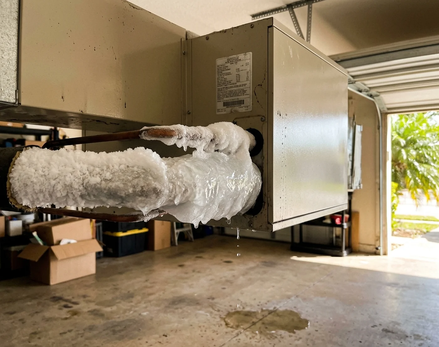 Frozen AC air handler with ice-coated copper lines in a Florida garage