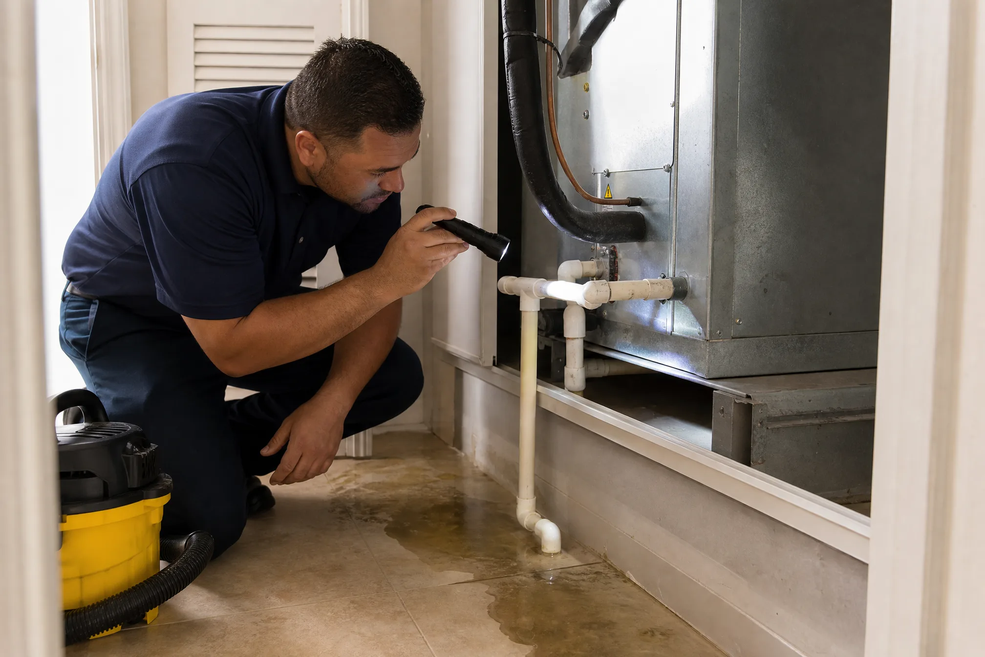 HVAC technician inspecting a condensate drain line with water pooled on the floor in a Florida home