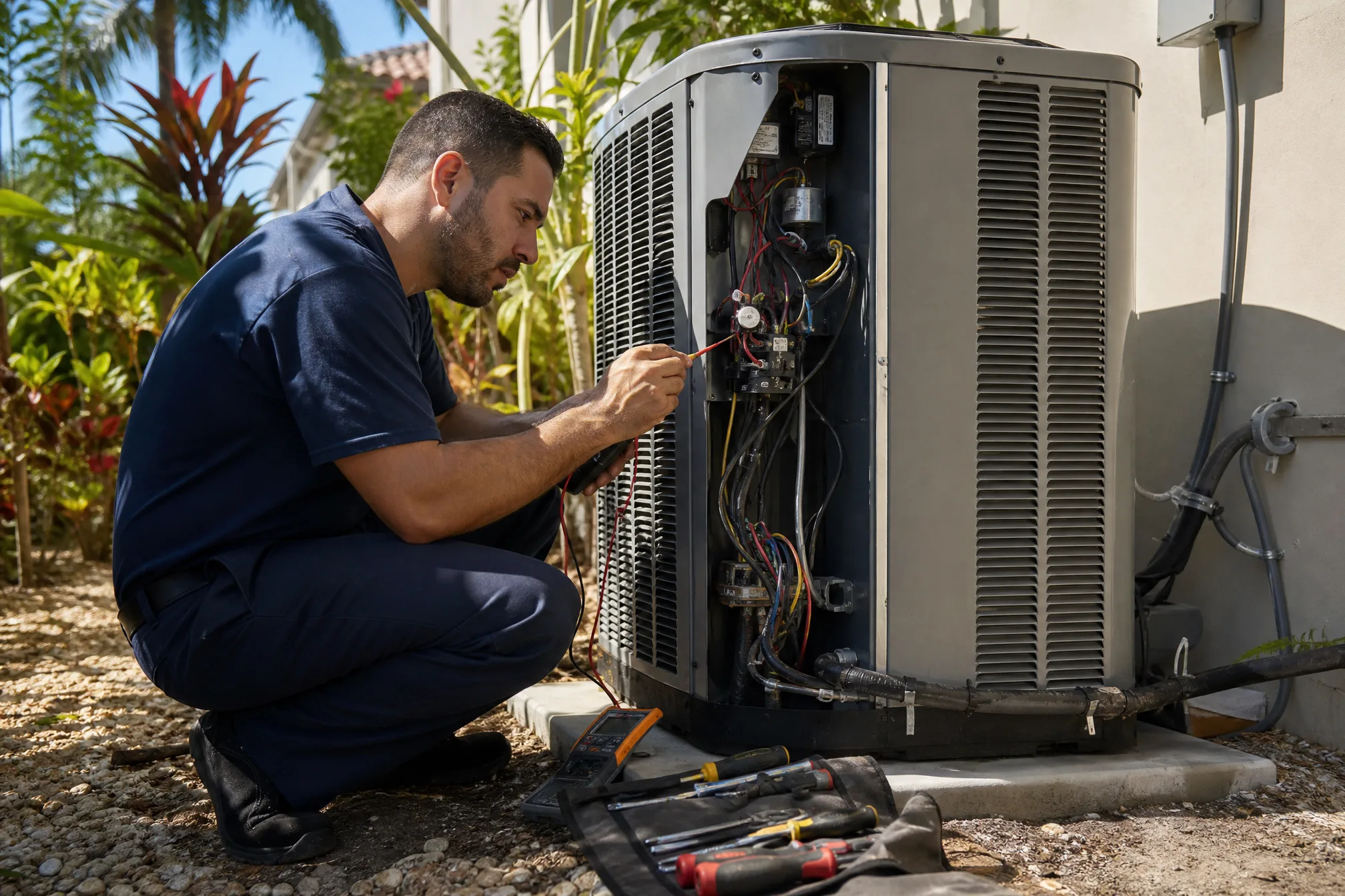 HVAC technician inspecting an outdoor AC condenser unit with the access panel removed and a multimeter probe