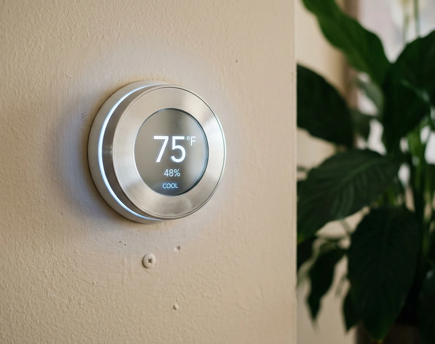 Round smart thermostat on a Florida home wall showing 75F and 48 percent humidity