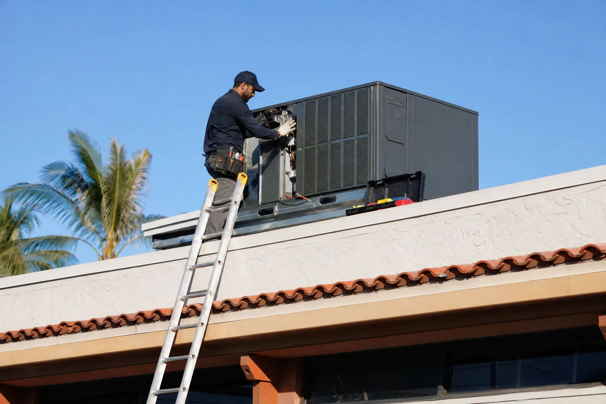 HVAC technician servicing a large rooftop commercial AC unit above a Florida strip-mall storefront