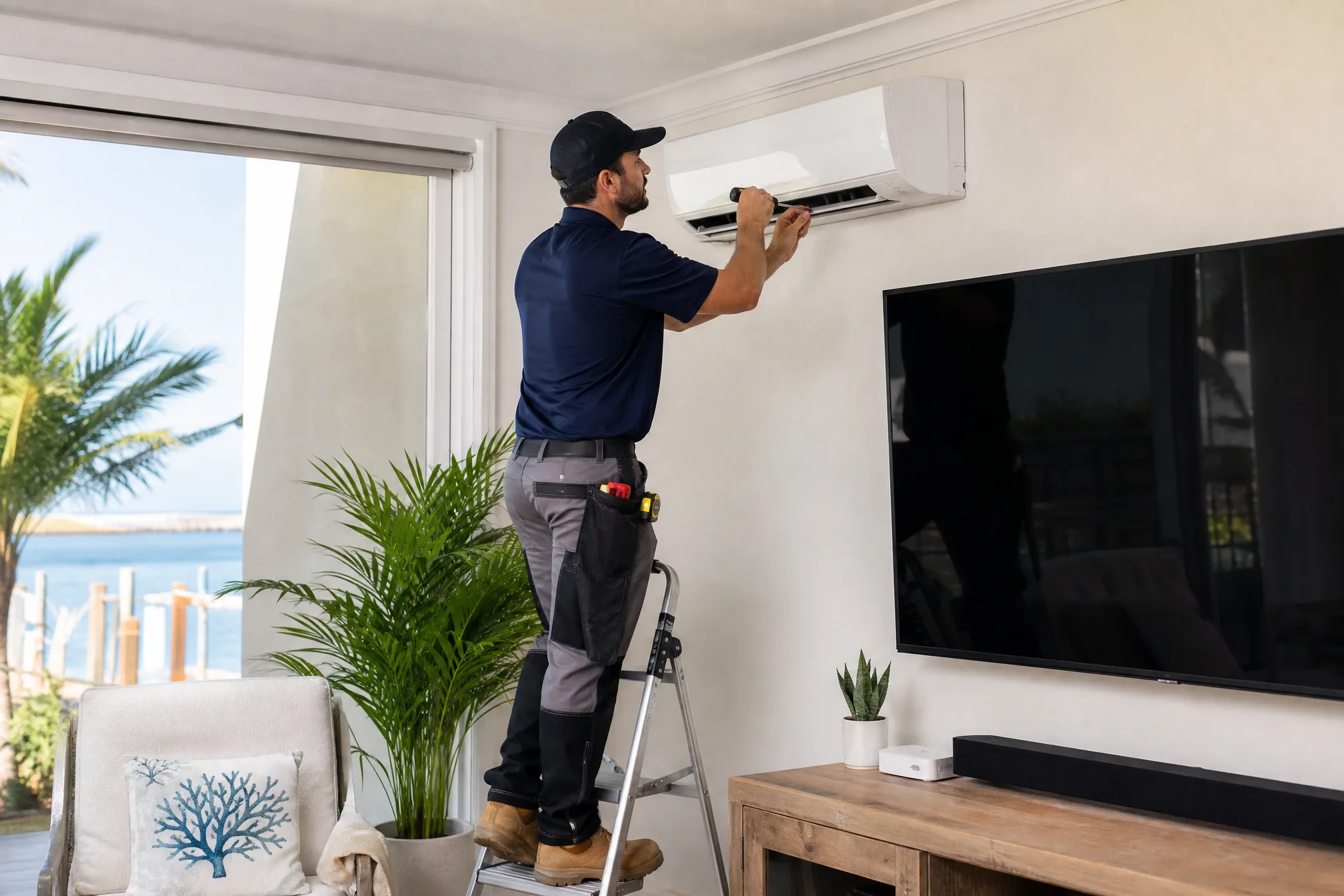 HVAC technician installing a wall-mounted ductless mini-split unit in a Florida living room