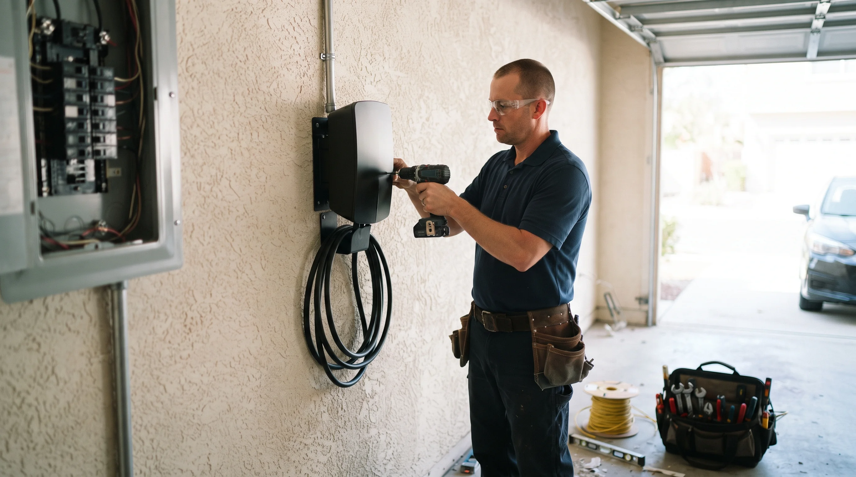 Electrician installing a Level 2 EV charger in a Broward County garage
