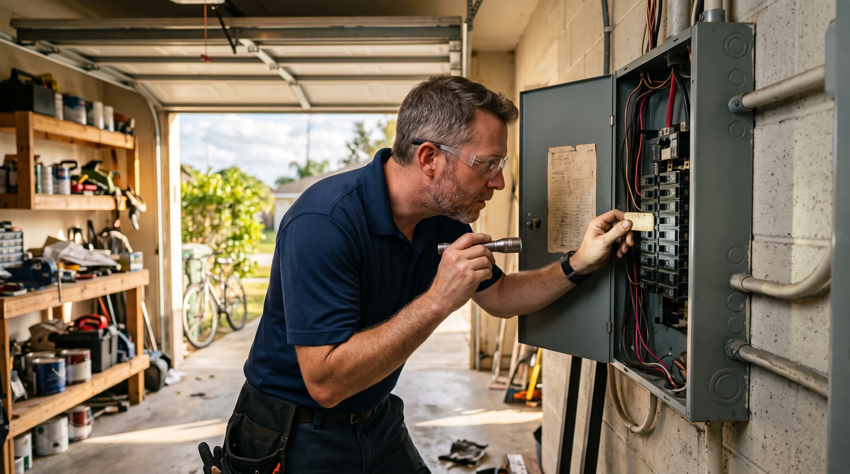 Licensed electrician inspecting an older residential electrical panel in a Broward County home
