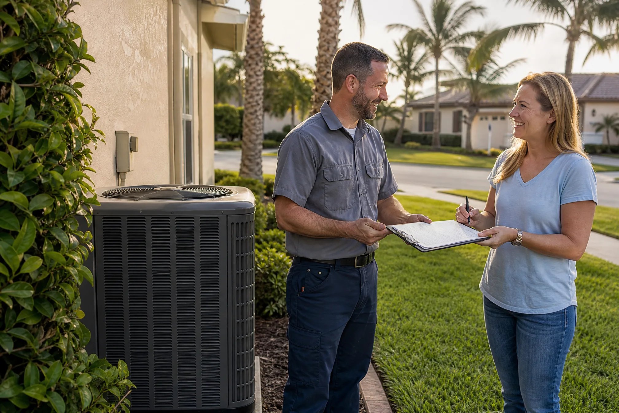 HVAC technician handing a homeowner paperwork beside a new outdoor AC condenser unit at a Florida home