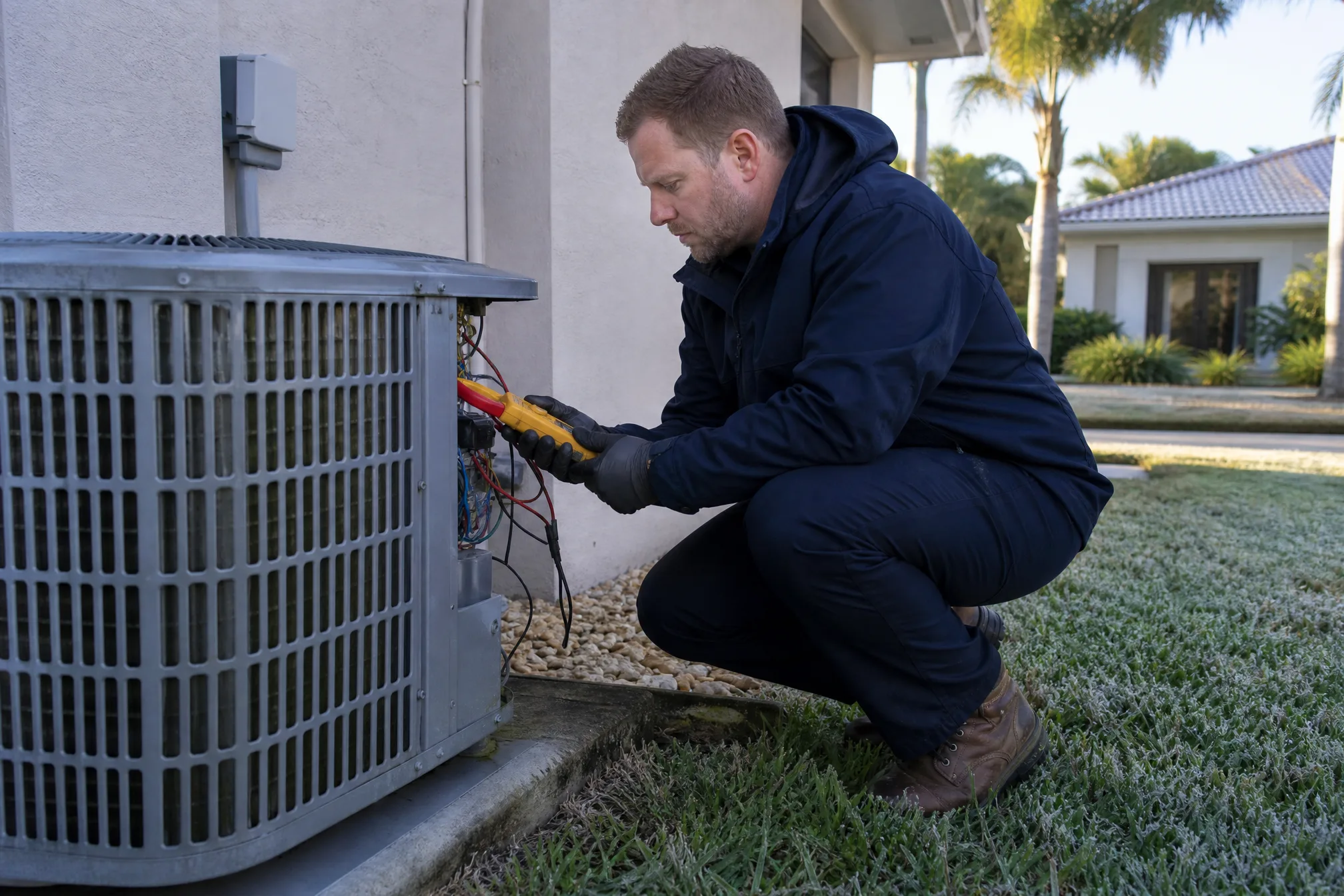 HVAC technician using a clamp meter on an outdoor heat pump condenser unit on a cool Florida morning