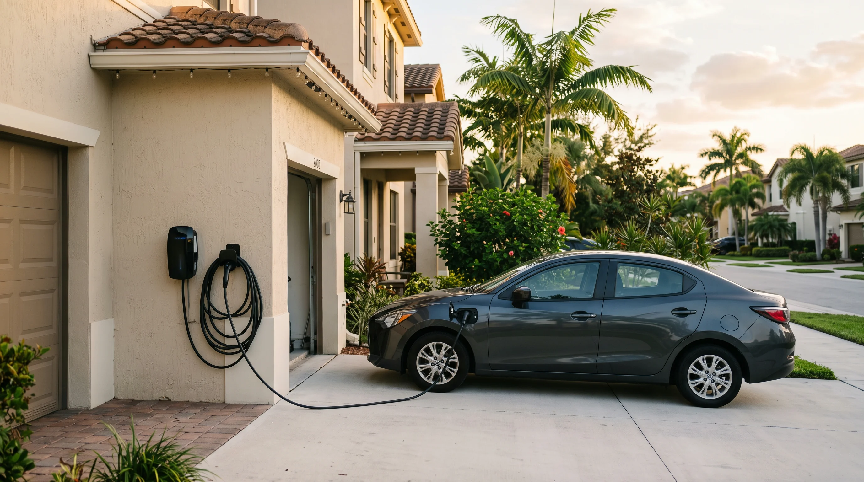 Condo balcony air conditioning condenser and a home EV charger in a Broward County community