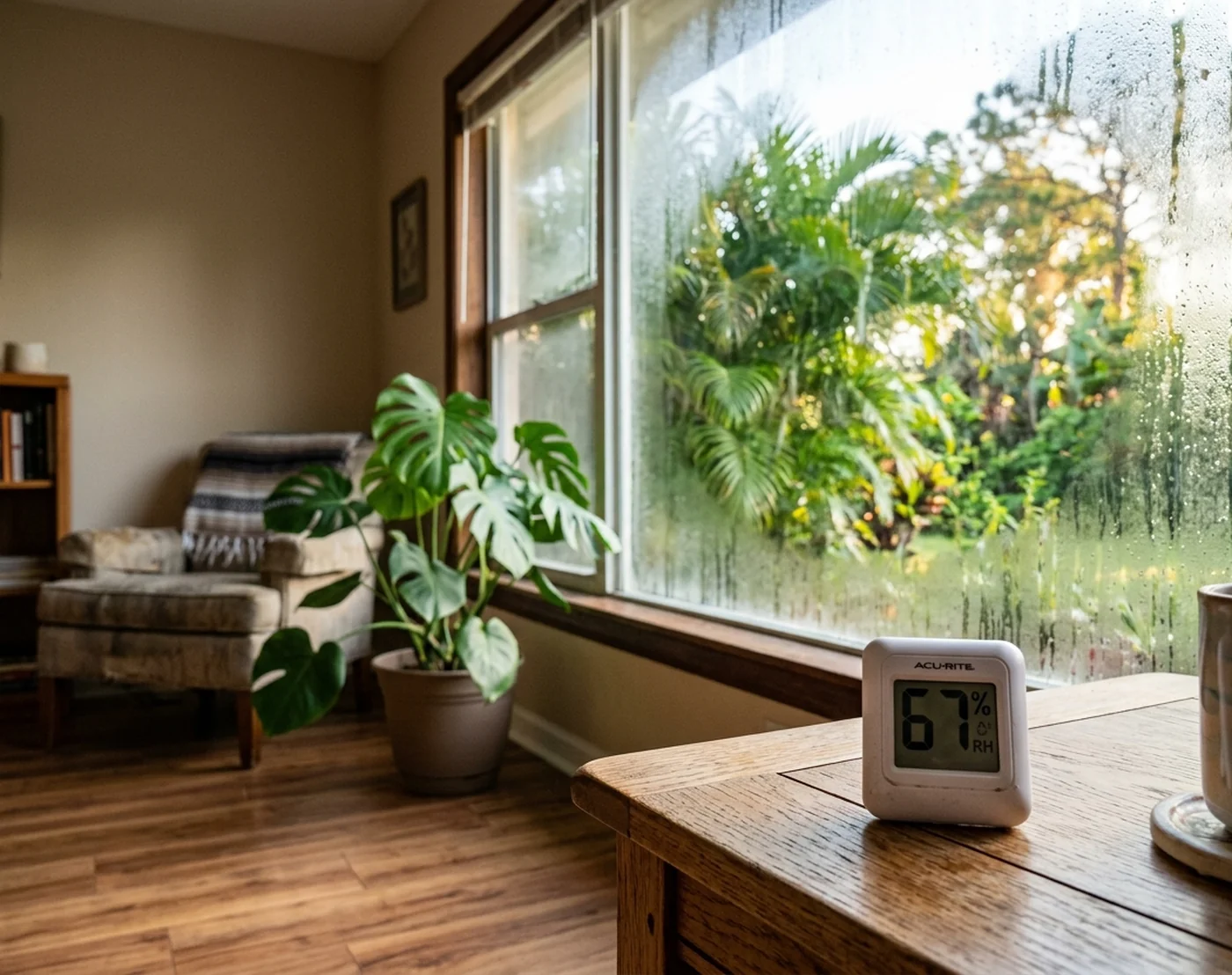 Hygrometer showing 67 percent humidity in a Florida living room with fogged window