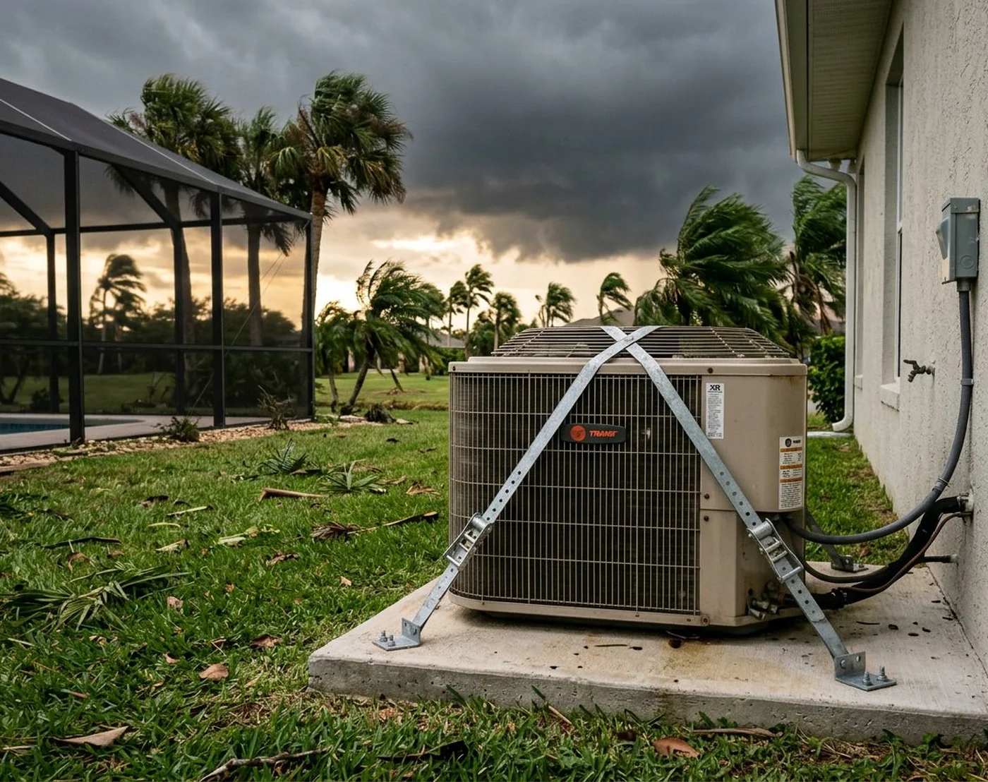 AC condenser with hurricane straps as a Broward storm approaches