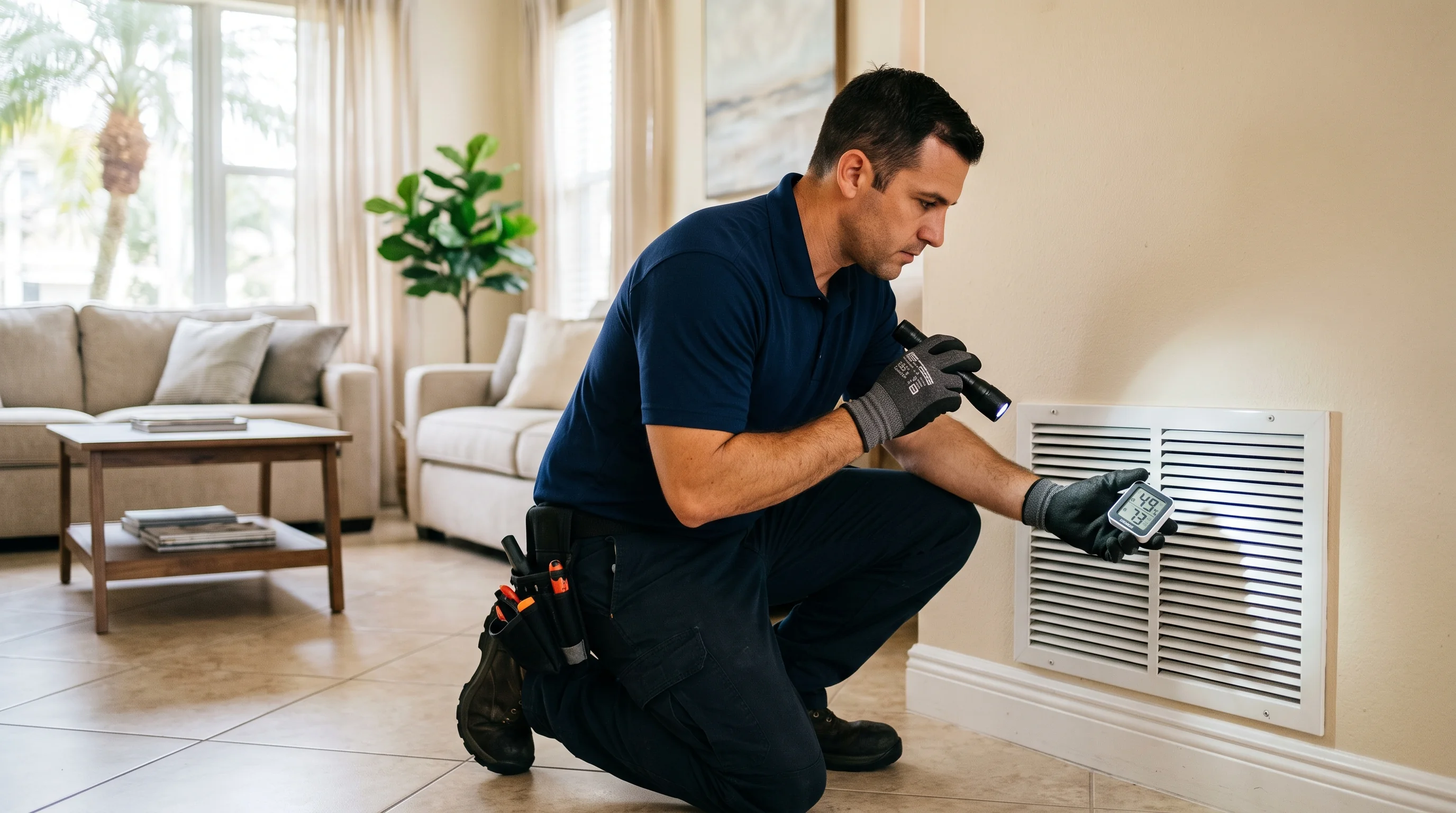 HVAC technician inspecting an AC vent and evaporator coil for mold and humidity issues in a Broward County home