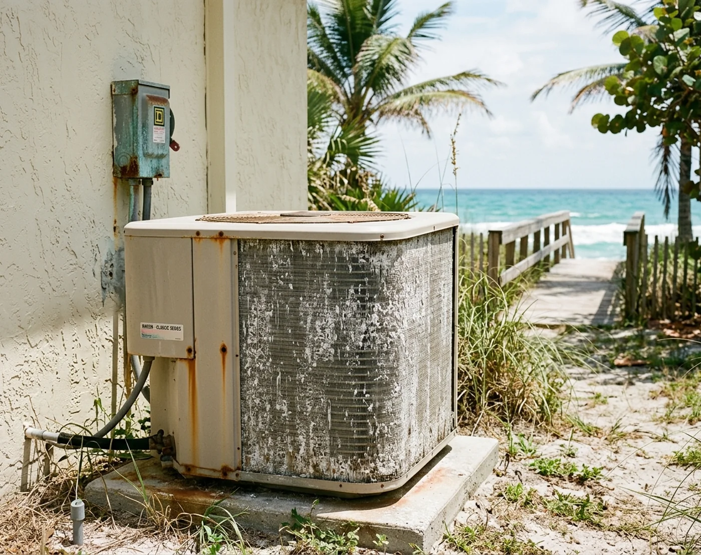Corroded AC condenser by a coastal Florida home with Atlantic ocean in background