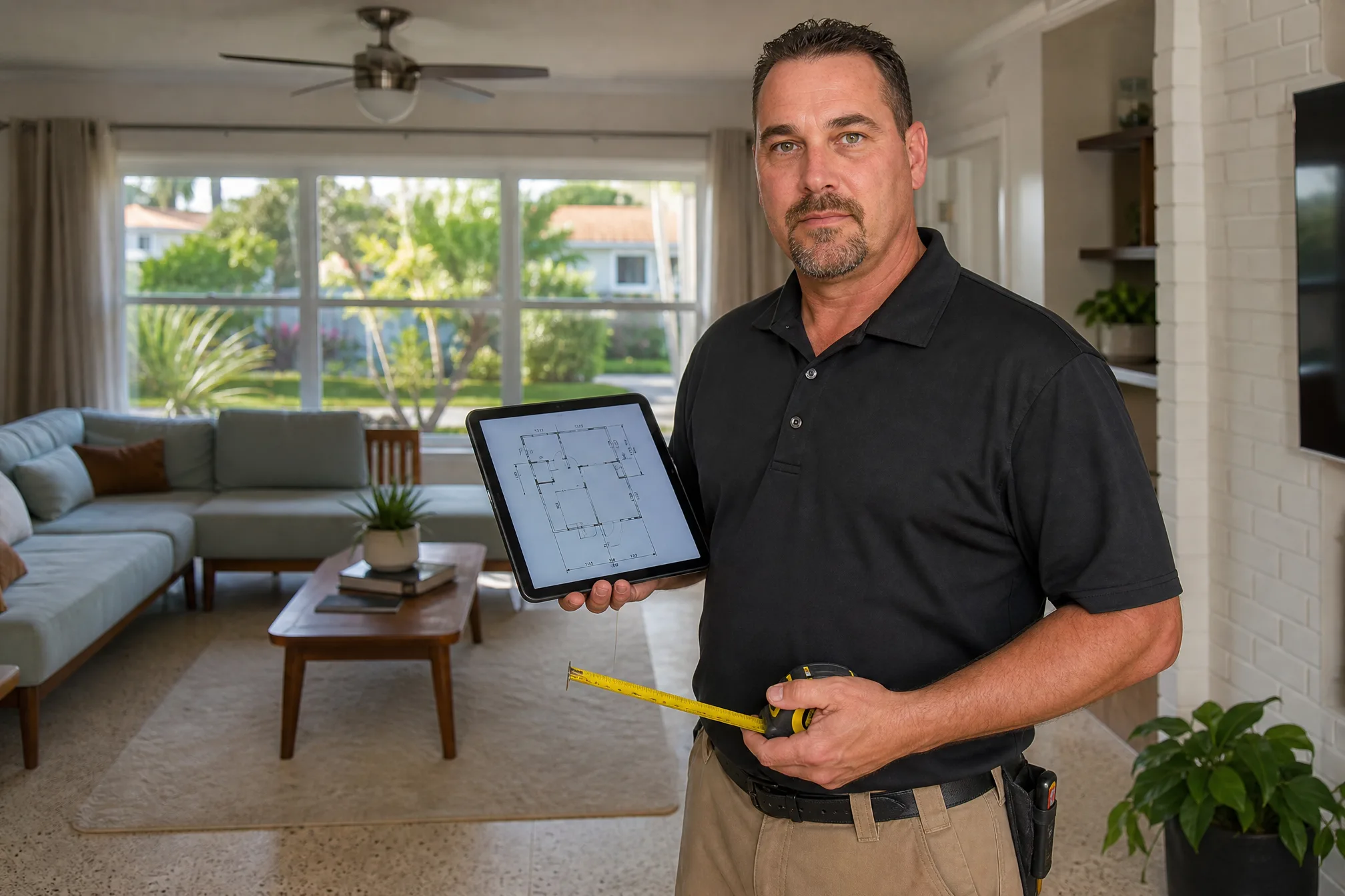 HVAC technician holding a tablet with a home floor plan and taking measurements inside a Florida living room