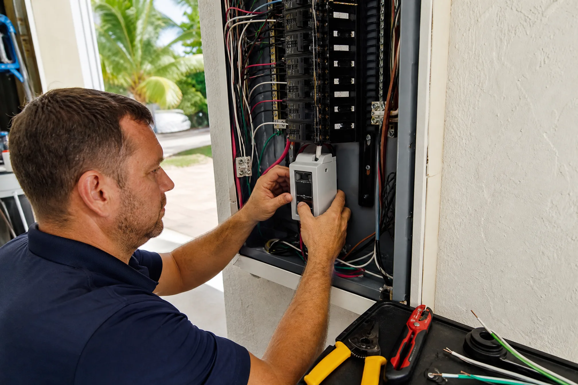 Electrician installing a whole-house surge protector device inside an open residential electrical panel in a Florida garage